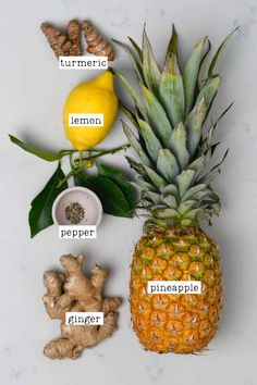 pineapple, lemon, pepper, ginger, turment, lemon, pepper and ginger