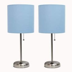 two blue lamps are next to each other on a white background and one has a light blue shade