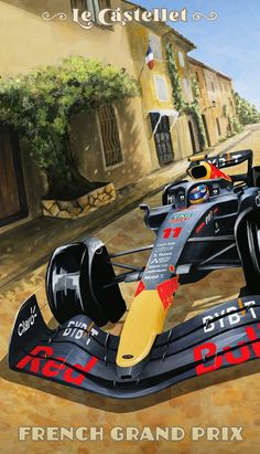 a painting of a race car in front of a building with the words le casteau on it