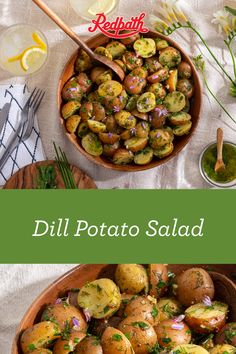 a bowl filled with potatoes and topped with herbs