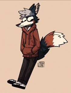 a drawing of a fox wearing a hoodie and standing in front of a beige background