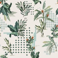 a wallpaper with green leaves and red flowers on white background that has geometric design