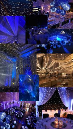 a collage of images showing the inside of a wedding venue with blue lighting and chandeliers