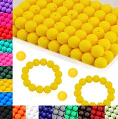 various colors of plastic beads in different shapes and sizes, with the number 10 on each side