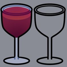 two wine glasses sitting next to each other on a gray background with black outlines