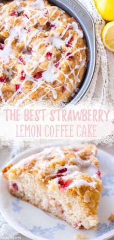 strawberry lemon coffee cake with icing on top