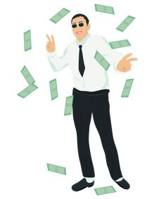 a man in a tie and sunglasses is surrounded by money falling from his hands on white background