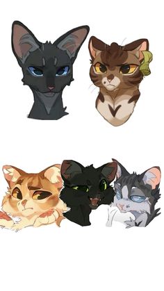 four different types of cats are shown in this cartoon character's face drawing style