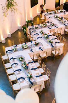 an overhead view of a banquet hall with tables and chairs set up for formal function