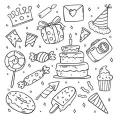 a birthday cake with candles, candies and other items around it on a white background