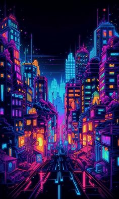 an abstract cityscape with neon lights and buildings in the background, as well as text