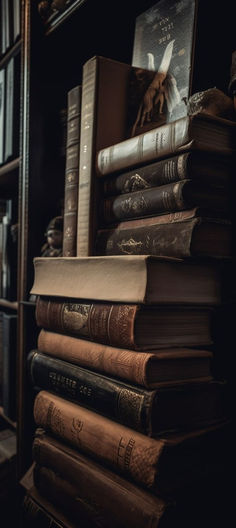 a stack of books sitting on top of a wooden shelf