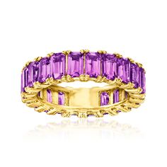 Ross-Simons - 7.75ct t. w. Amethyst Eternity Band Ring in 18kt Gold Over Sterling. Size 5. Our vivid purple ring embraces the allure of amethyst. This exceptional eternity band features 7.75 ct. t. w. emerald-cut amethyst gems in polished 18kt yellow gold over sterling silver. A meaningful choice for your February-born sweetheart. 1/4" wide. Amethyst eternity band. Amethyst birthstones are the perfect gift for February birthdays. February Born, Purple Ring, Amethyst Birthstone, Purple Rings, February Birthday, Amethyst Gem, Eternity Band Ring, Eternity Band, Eternity Bands