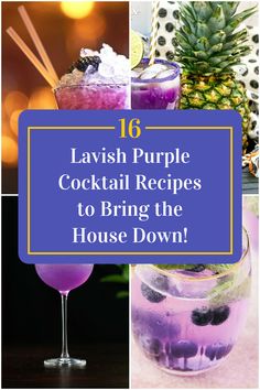 Collage of 4 purple cocktails. Purple Margarita Recipe, Purple Signature Drinks, Purple Drinks Alcohol, Mimosa Punch, Mimosa Drink, Purple Drinks, Champagne Drinks, Purple Cocktails, Wedding Signature Drinks