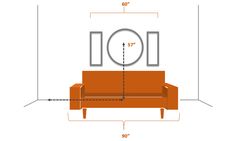 an orange couch is shown with the measurements for it