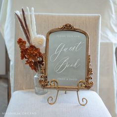 Elegant guest book sign with calligraphy on a gold-framed mirror. Wedding Mirror Sign, Cocktail Sign Wedding, Wedding Guest Sign, Polaroid Guest Book Sign, Wedding Reception Activities, Memory Table Wedding, Wedding Guest Signing, Scrapbook Wedding, Reception Activities