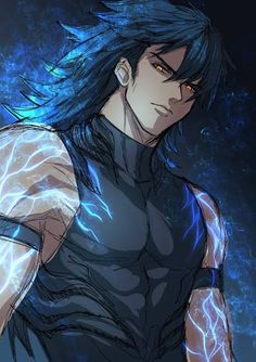 an anime character with blue hair and lightnings on his chest, standing in front of a