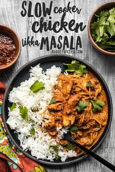 slow cooker chicken tikka masala served with rice and cilantro sauce