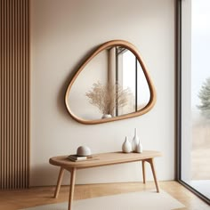 a wooden table with vases on it in front of a large mirror and window