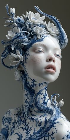 a white and blue statue with flowers on it's head