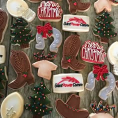 decorated christmas cookies on a wooden table