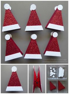 the instructions for making santa hats are shown in red, white and silver glitters