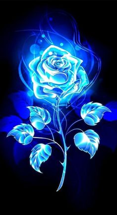 a blue rose on a black background with some light coming from the petals and leaves