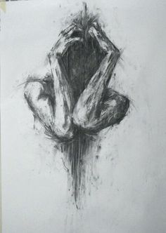 a black and white drawing of a person holding his head in their hands with one hand