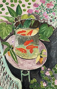 a painting of goldfish in a bowl on a table next to plants and flowers