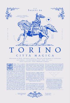 a blue and white poster with an image of a man on a horse