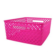 a pink plastic storage basket with handles on the bottom and sides, in front of a white background