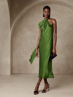 Kaia Silk Midi Dress | Banana Republic Green Silk Dresses, Asymmetrical Neckline, Silk Midi Dress, Green Midi Dress, Silk Charmeuse, Banana Republic Dress, Petite Dresses, Silk Dress, Green Dress