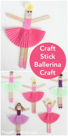 the craft stick ballerina craft is made with popsicle sticks and paper, which are cut