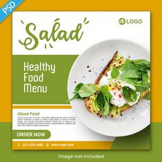 a flyer for a healthy food restaurant with an image of a plate of food on it