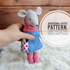 a person holding a small stuffed animal with polka dots on it's clothes and the words additional outfit pattern think in listing description