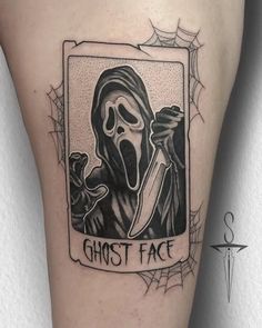 Ghostface Polaroid Scream Tattoos Scream Tattoos, Horror Tattoo Ideas, Scream Tattoo, Horror Movie Tattoos, Movie Tattoo, Creepy Tattoos