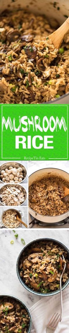 mushrooms and rice are being cooked in pans