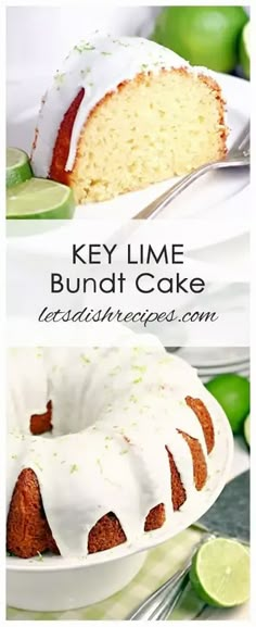 key lime bundt cake on a white plate with limes in the background and text overlay that reads key lime bundt cake