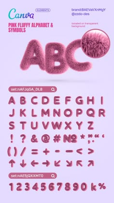 pink fluffy alphabet and numbers on a purple background with the letters above it in different font styles