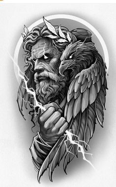 an old school style tattoo design with wings and lightnings on the back of a man's head