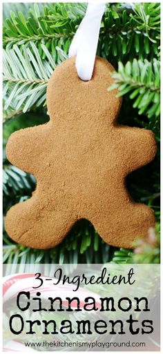 a cookie shaped ornament hanging from a christmas tree