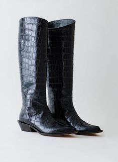 Croc Print Dean Boot – Tibi Official Crocs Boots, Croc Print, Designer Boots, Moto Boots, Black Flats, High Cut, Fashion Advice, Embossed Leather, Knee High Boots