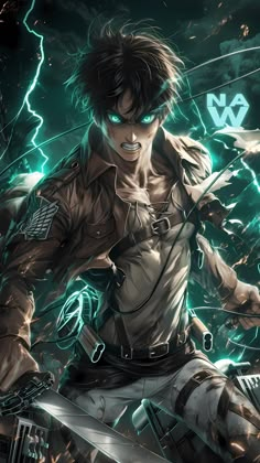 an anime character holding two swords in his hands and lightning behind him, with green eyes