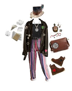 a doll dressed in clothes and accessories including shoes, purses and necklaces on a white background