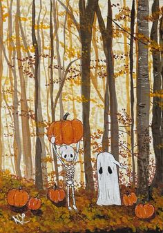 a painting of a skeleton and a ghost in the woods with pumpkins on the ground