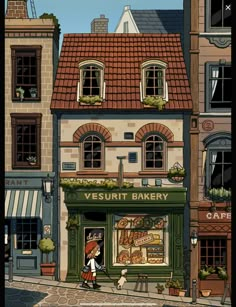 an illustration of a woman walking past a bakery on the street in front of some buildings