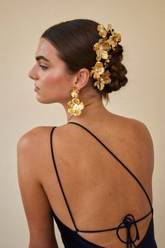 Jewelry – LELET NY Gold Floral Hair Piece, Braided Hairstyles Accessories, Wedding Hair Accessories Headpieces, Aesthetics Earrings, Floral Hairstyles, Headpiece Ideas, Promo Photoshoot, Jewelry Product Photography, Wedding Statement Earrings