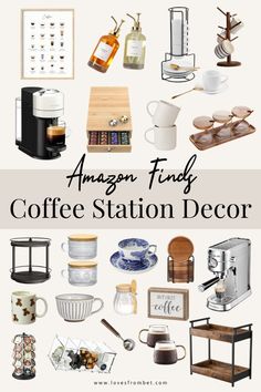 an assortment of coffee station decor with text overlay that reads, amazon find coffee station decor