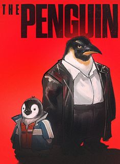 the penguin is standing next to a penguin in front of a red background with black and white lettering