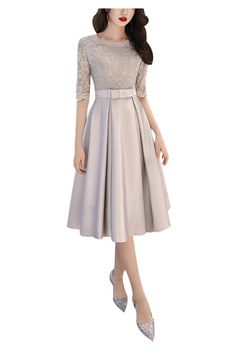 10% off now! Shop grey tea length hoco party dress with lace half sleeves online. Sheprom offers formal, party, casual & more style dresses to fit your special occasions. Half Length Dress, Half Gowns Dresses, Model Dress Bridesmaid, Bridesmaid Satin Dresses, White Victorian Dress, Hoco Party, Tile Dress, Modest Girly Outfits